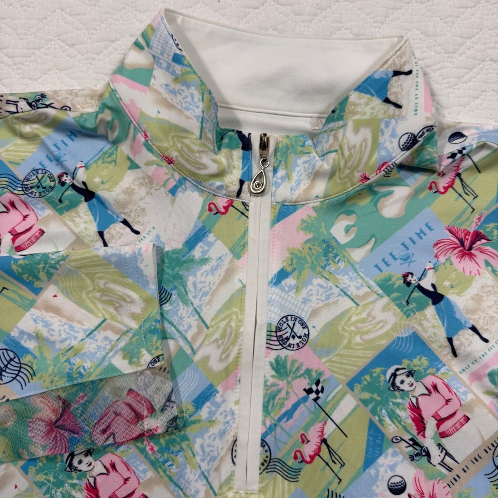 SanSoleil Women Golf Top L UPF 50 Long‎ Sleeve Quarter Zip Multi AOP EUC